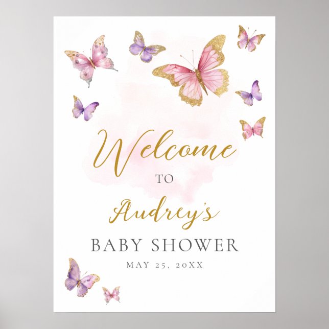 Affiche Baby shower rose violet or papillon  Bienvenue (Devant)