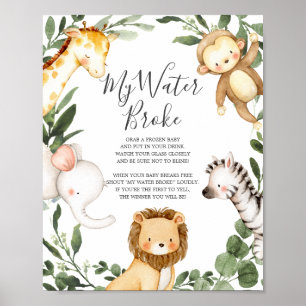 Affiche Baby shower Safari Animaux Mon Eau Broke Signe