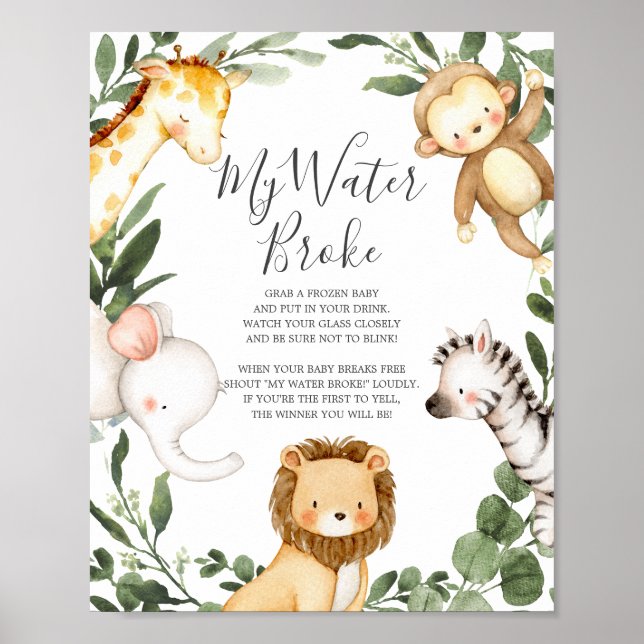 Affiche Baby shower Safari Animaux Mon Eau Broke Signe (Devant)