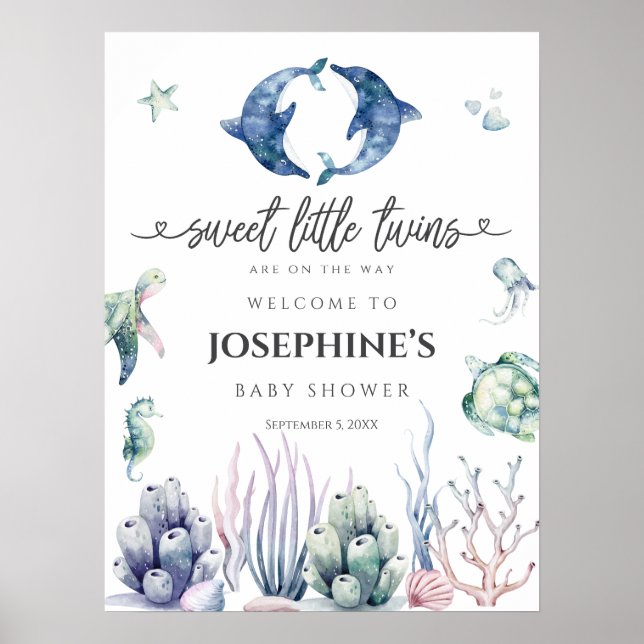 Affiche Baby shower Sea Life Twins Bienvenue (Devant)