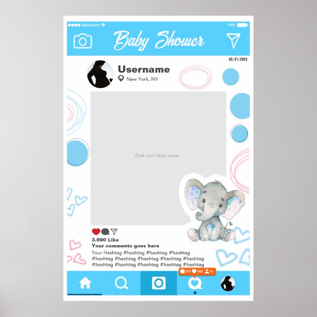 Affiche Baby shower Selfie Cadre Personnalisé Elefante (Devant)