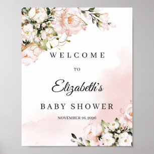 Affiche Baby shower signe de bienvenue boho blush rose flo