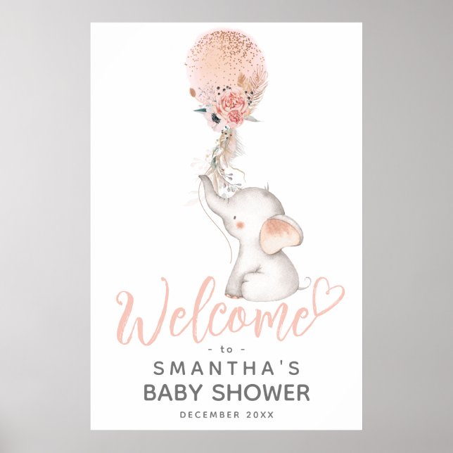 Affiche Baby shower simple Elephant & Balloon Girl Bienven (Devant)