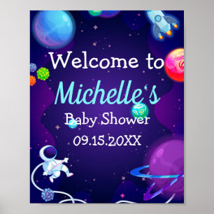 Affiche Baby shower spatial planète astronaute bleue