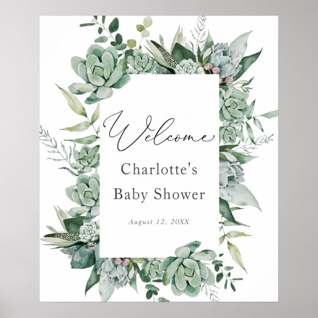 Affiche Baby shower Succulent et Eucalyptus Bienvenue (Devant)