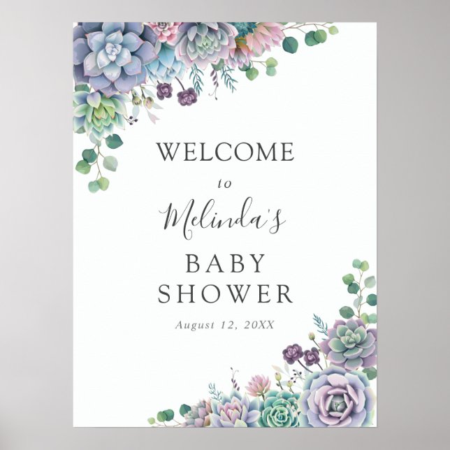 Affiche Baby shower Succulent pourpre et vert Accueil (Devant)