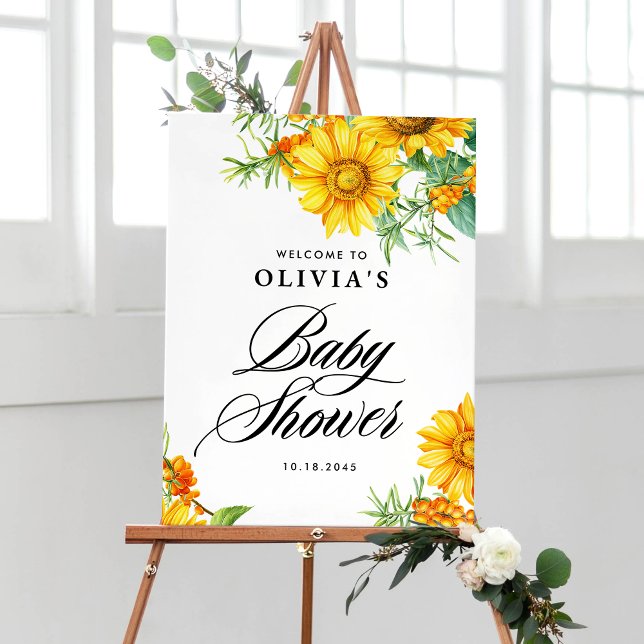 Affiche Baby shower Sunflower et Sea Buckthorn Bienvenue (Elegant baby shower welcome sign with watercolor sunflowers and sea buckthorn for fall baby showers.)