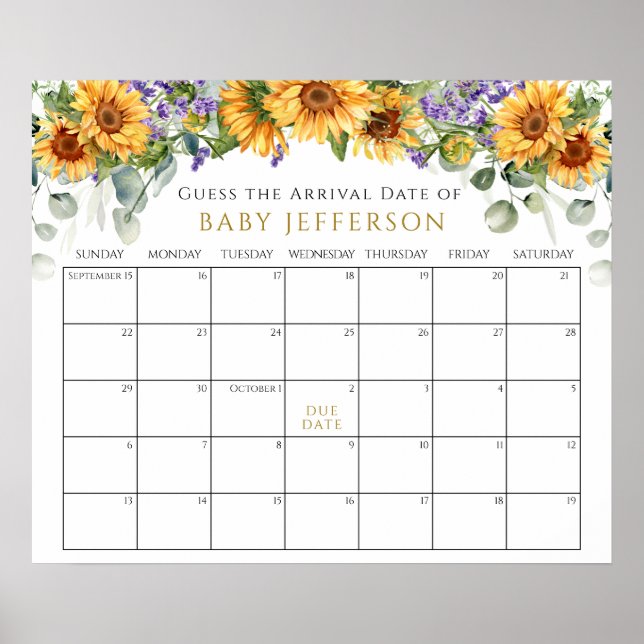 Affiche Baby shower Sunflowers Guides Date d'échéance Cale (Devant)