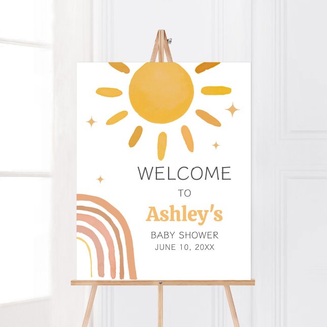 Affiche Baby shower Sunshine Boho Retro Bienvenue (Here Comes the Sun Baby Shower Welcome Sign)