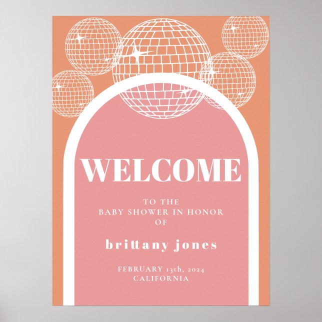 Affiche Baby shower Super rétro Disco rose et orange (Devant)