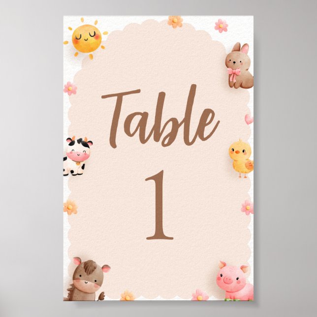 Affiche Baby shower sur les animaux de ferme Numéro de tab (Devant)