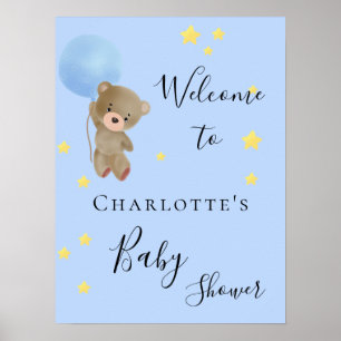 Affiche Baby shower teddy bear garçon bleu bienvenue