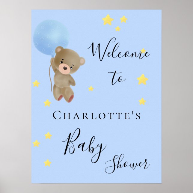Affiche Baby shower teddy bear garçon bleu bienvenue (Devant)