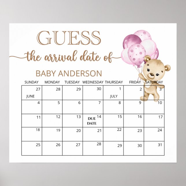 Affiche Baby shower Teddy Bear Guides Date d'échéance Cale (Devant)