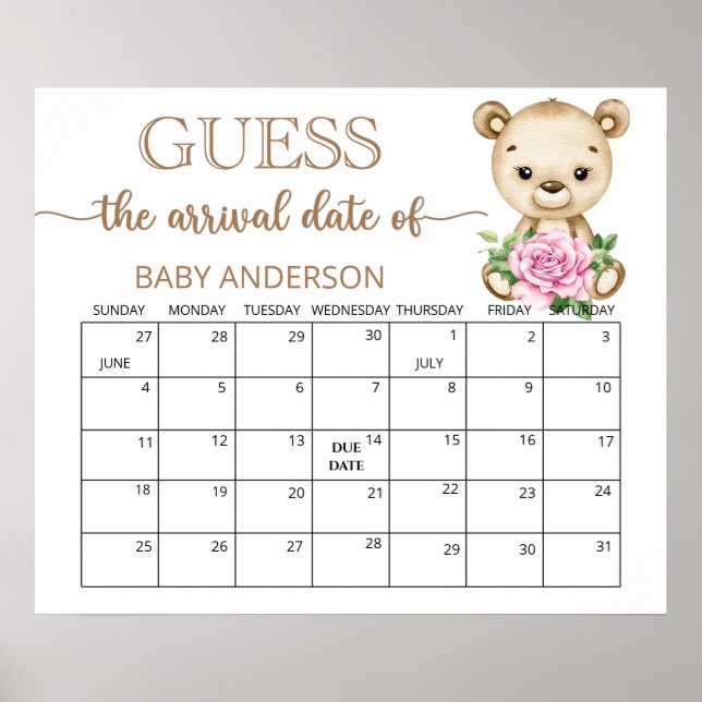 Affiche Baby shower Teddy Bear Guides Date d'échéance Cale (Devant)