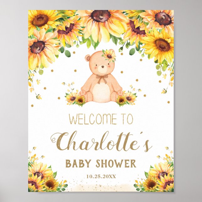 Affiche Baby shower Teddy Bear Sunflower Bienvenue (Devant)