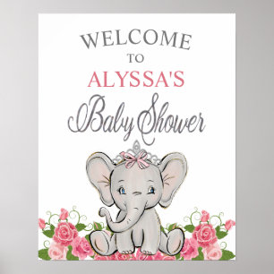 Affiche Baby shower Tiara Rose Princesse Elephant Bienvenu