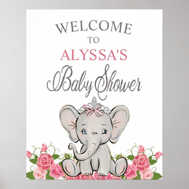 Affiche Baby shower Tiara Rose Princesse Elephant Bienvenu (Devant)