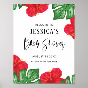 Affiche Baby shower tropical de l'Hibiscus rouge Bienvenue