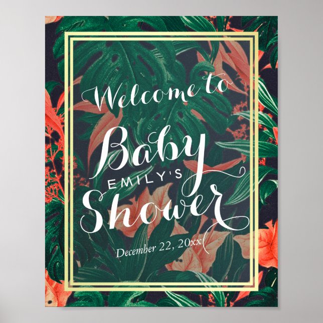 Affiche Baby shower Tropical Floral Gold Frame Bienvenue (Devant)