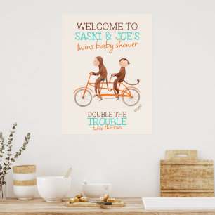 Affiche Baby shower Twins Monkey Double Trouble Bienvenue