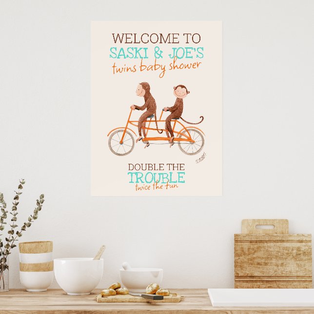 Affiche Baby shower Twins Monkey Double Trouble Bienvenue (Cuisine)