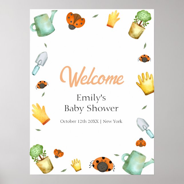 Affiche Baby shower verdoyant Ladybug Garden Bienvenue (Devant)
