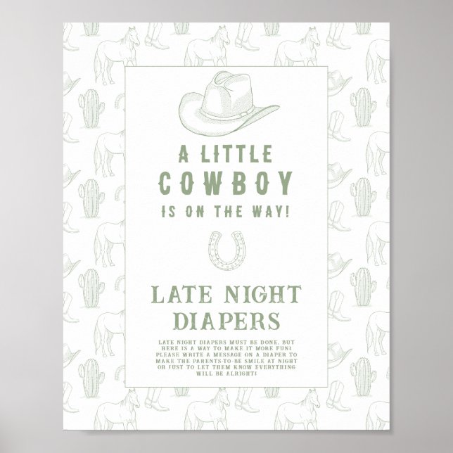 Affiche Baby shower vert Cowboy Late nuit couches jeu (Devant)