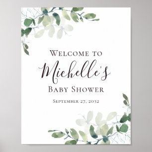 Affiche Baby shower vert Eucalyptus Bienvenue