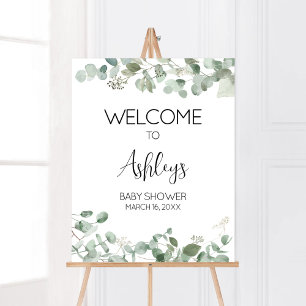 Affiche Baby shower vert Eucalyptus Bienvenue