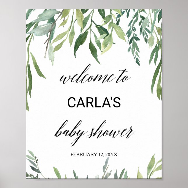 Affiche Baby shower vert moderne Foliage Accueil (Devant)