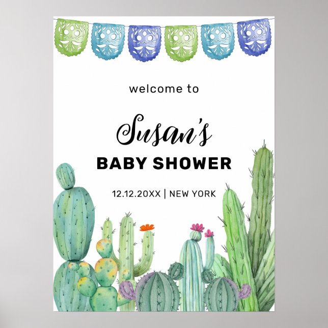 Affiche Baby shower vert Taco Fiesta Cactus Bienvenue (Devant)