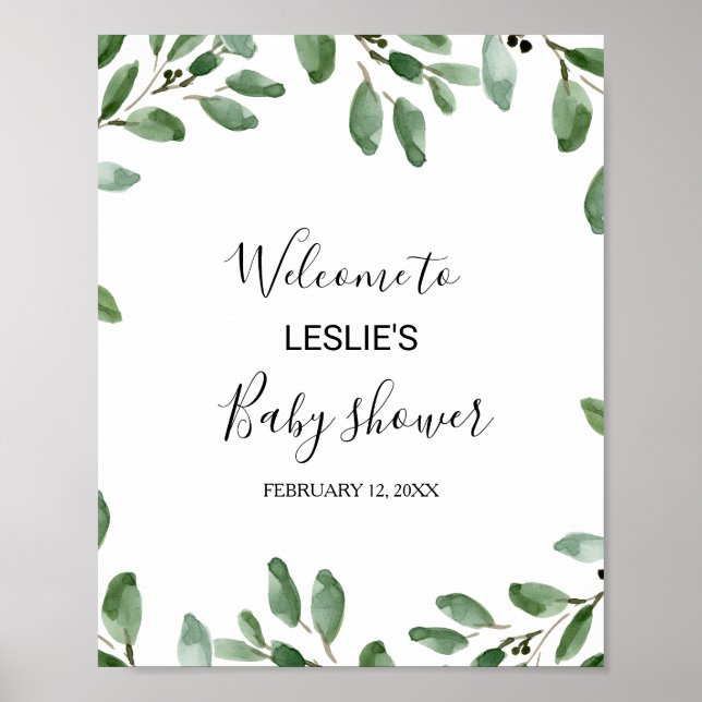 Affiche Baby shower vert Tropical Eucalyptus Bienvenue (Devant)