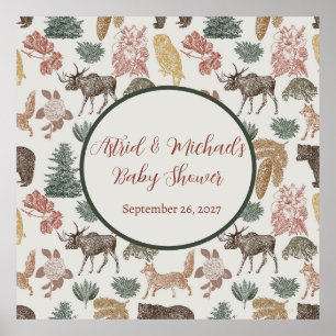 Affiche Baby shower vintage d'animaux en bois - Ours, rena