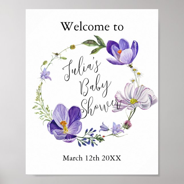 Affiche Baby shower violet fleur sauvage (Devant)