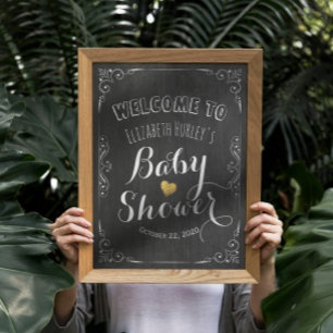 Affiche Baby shower Welcome Black White Floral Chalkboard