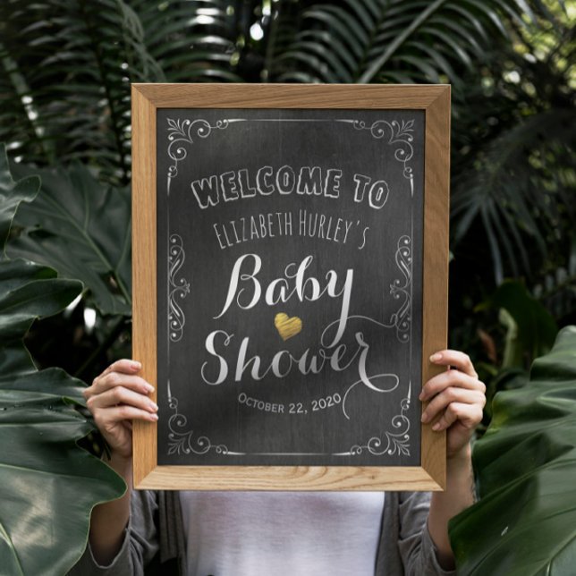 Affiche Baby shower Welcome Black White Floral Chalkboard (Créateur téléchargé)