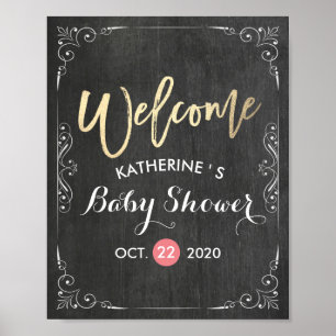 Affiche Baby shower Welcome Black White Floral Chalkboard
