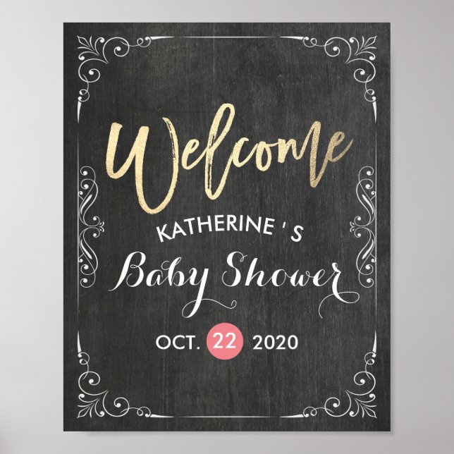 Affiche Baby shower Welcome Black White Floral Chalkboard (Devant)