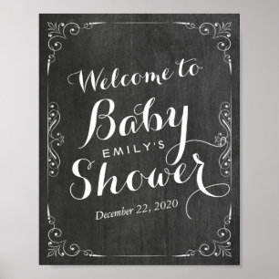 Affiche Baby shower Welcome Black White Floral Chalkboard