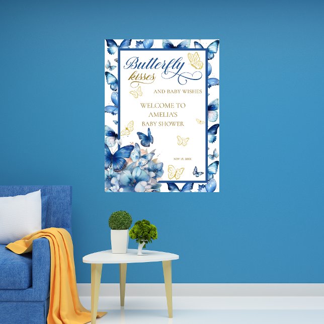 Affiche Baby shower Whimsical Blue Gold Butterfly Kisses (Créateur téléchargé)