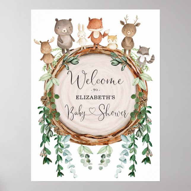 Affiche Baby shower Whimsical Woodland Animaux Bienvenue (Devant)