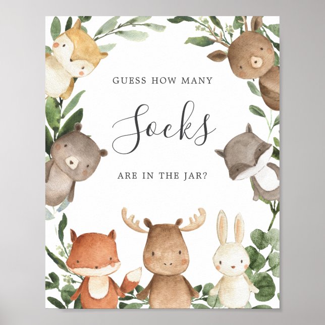 Affiche Baby shower Woodland Devine Combien de Chaussettes (Devant)