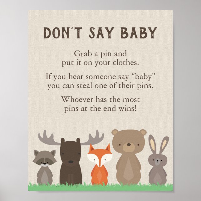 Affiche Baby shower Woodland ne pas dire Baby Game Sign (Devant)