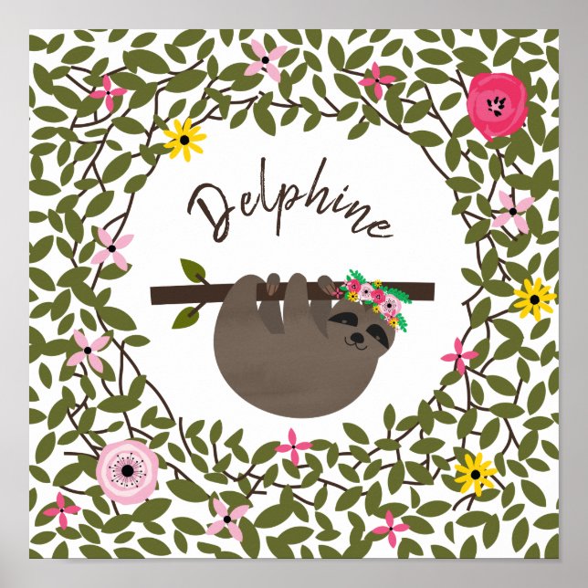Affiche Baby Sloth Floral Greenery Baby Nursery (Devant)
