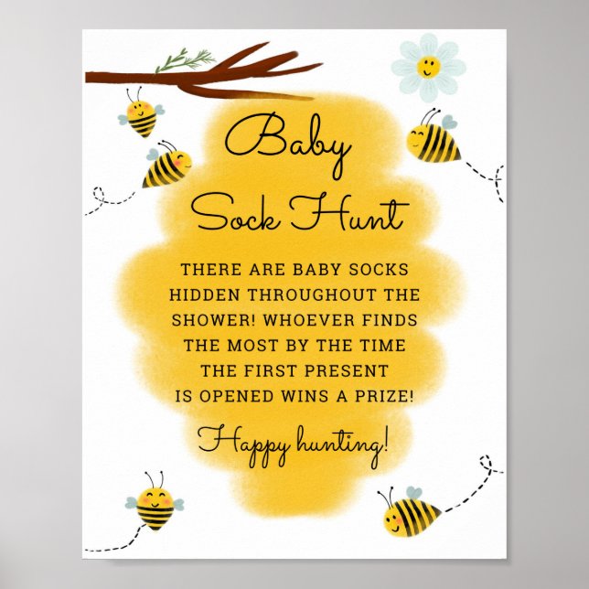 Affiche Baby Sock Hunt Bee Thème Baby shower Jeux Signe (Devant)