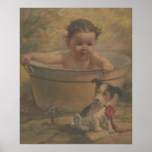 Baby vintage dans une baignoire avec chiot en atte
