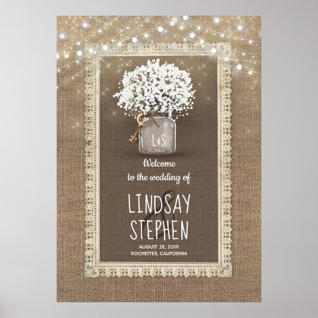 Affiche Baby's Breath Mason Jar et Burlap Mariage Welcome (Devant)