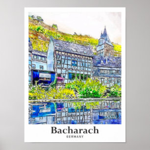 Affiche Bacharach Allemagne Art Voyage Aquarelle main tiré