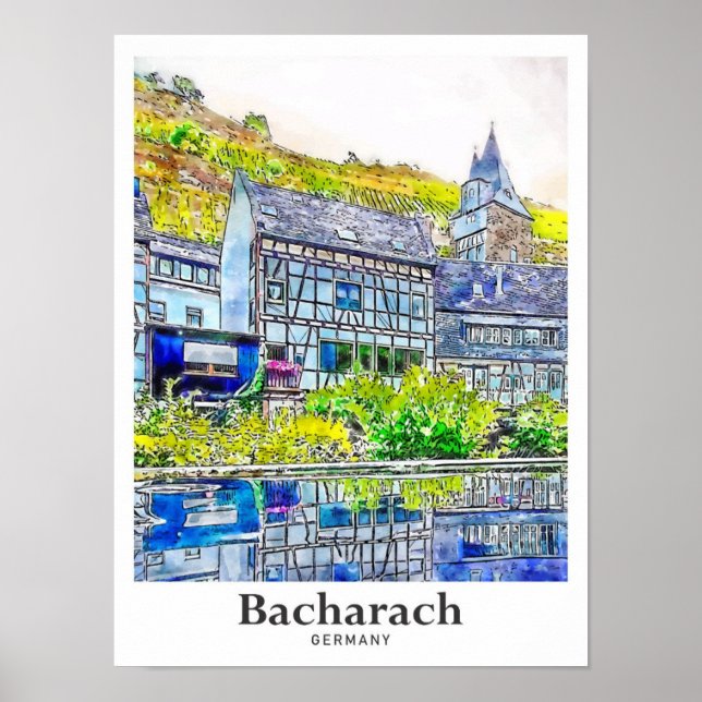 Affiche Bacharach Allemagne Art Voyage Aquarelle main tiré (Devant)